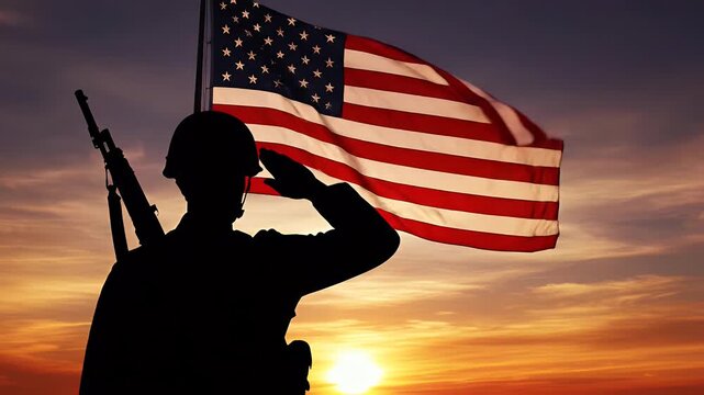 American Soldier Saluting at Sunset - A silhouette of an American soldier saluting a prominently waving U.S. flag against a vibrant sunset.