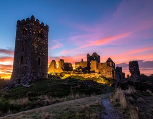 Obraz premium Ancient stone castle ruins at sunset with vibrant sky