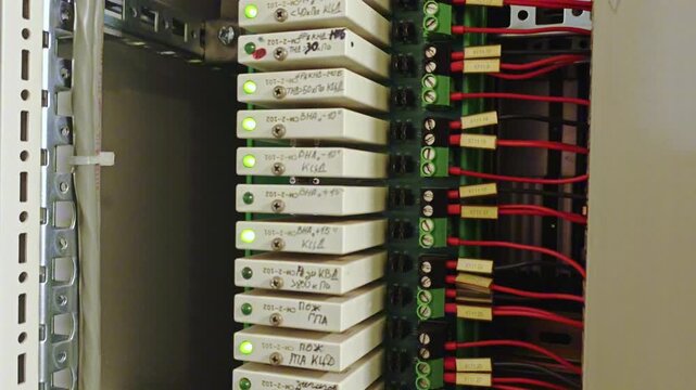 Electronics inspection scene. Technical analysis of assembled electronic system with indicators and wiring. High resolution view of electronic circuitry with operational lights and safety modules