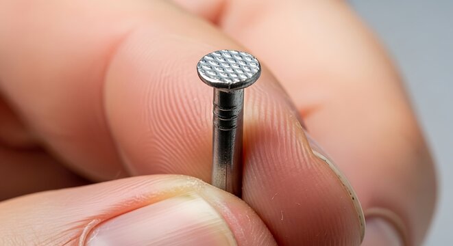 Macro Close Up of a Metal Nail Held Between Fingers