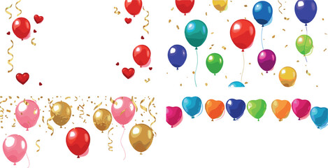 Colorful festive balloons with confetti and ribbons set, party decoration elements with heart shapes, celebration vector illustration collection © EdGe Creative