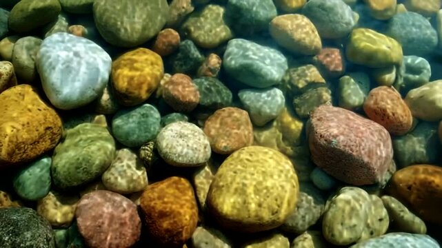 Colorful pebbles submerged in clear water
