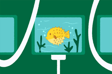 Digital aquarium screen displaying puffer fish underwater with plants representing smart technology and marine monitoring. © Space