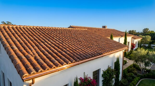 Close-up view of a beautiful terracotta tile roof on a white stucco building under a clear blue sky.