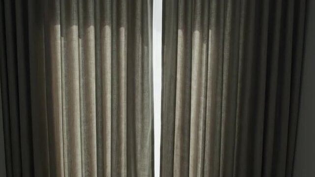 Quiet luxury daily routine curtain window sunlight interior drape fabric with remote control hand, soft light, minimal shadow frame calm home