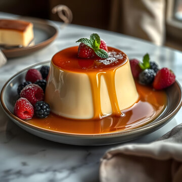 Flan napolitano mexicano con caramelo brillante estilo gourmet