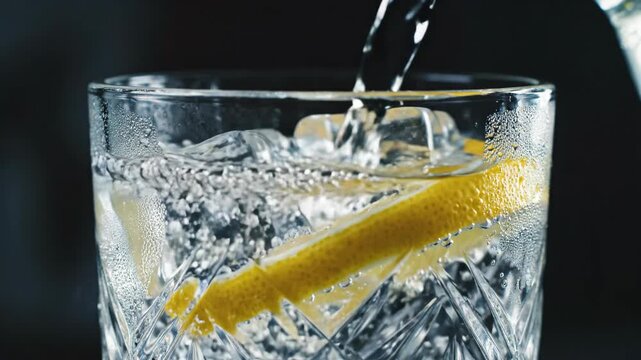 Sparkling water lemon peel ice cube cocktail glass bubble refreshment macro splash as water pours over ice in glass for quiet luxury daily routine