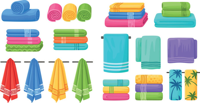 Collection of colorful towels vector illustrations folded stacked and hanging bathroom textile hygiene and spa accessory set