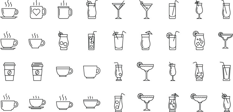 Hot and Cold Drink Icon Set Featuring Coffee Mugs Tea Cups Cocktails and Tropical Beverages in Minimalist Outline Vector Style for Restaurant Menus and Cafe Branding