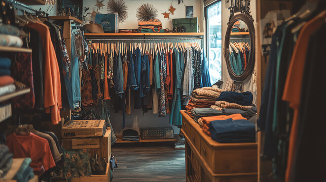 A cozy clothing shop filled with colorful garments, creating a warm and inviting atmosphere for fashion enthusiasts.