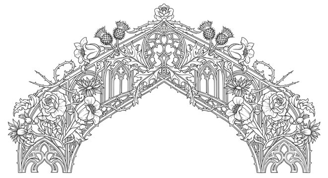 Intricate floral archway illustration with detailed line art and decorative elements
