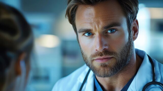 medical professional in white coat with stethoscope speaking to a patient in a clinic, blurred face shown, conveying attentive and concerned mood