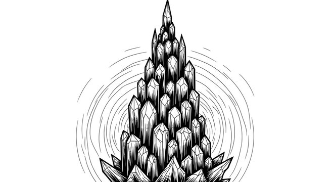 Intricate crystal formation illustration detailed black and white artwork