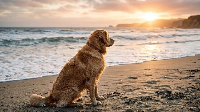 Dog sitting on beach looking at ocean, Dog wallpaper, Loop video