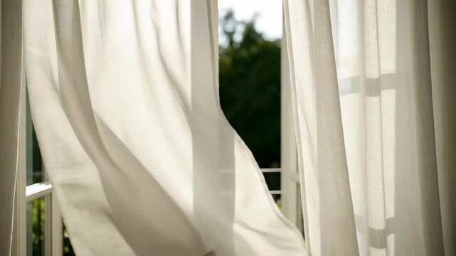 Quiet luxury daily routine with white sheer curtain at window, sunlight and gentle breeze in airy home interior, calm morning ambiance