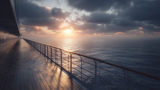 Empty cruise ship deck overlooking ocean at dramatic sunset