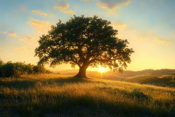 Fototapeta premium Solitary tree on a sunlit grassy hill at golden sunset, warm tranquil landscape evoking peace and calm