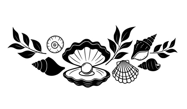 Decorative seashell composition with clam and pearl vector illustration in minimal silhouette style isolated on white
