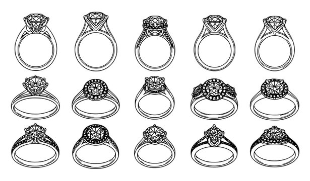 Diamond engagement ring outline vector set with various styles and settings jewelry collection isolated on white background