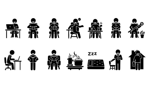 Stick figure activity icon set with daily life and work from home scenarios isolated on white background