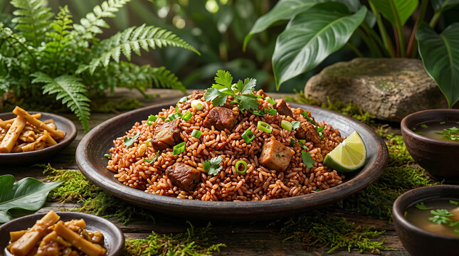 Authentic Meghalayan Jadoh Red Rice with Meat and Herbs. A traditional Khasi delicacy from Meghalaya featuring red rice cooked with aromatic spices and minced meat.
