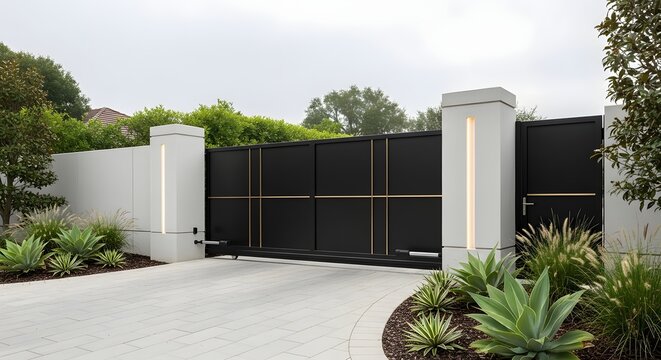 A modern black sliding gate with gold accents and illuminated pillars at the entrance of a contemporary property, surrounded by lush landscaping and a paved driveway.