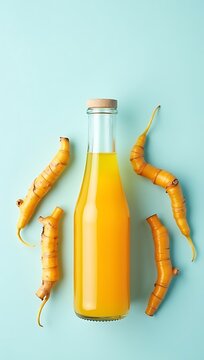 A glass bottle filled with bright yellow turmeric juice placed on a soft pastel background, surrounded by sliced turmeric roots, clean minimal composition
