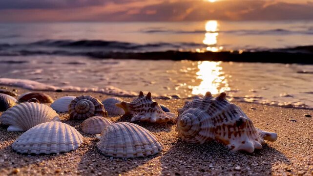 Seashells on a Sandy Beach at Sunset - A close-up shows diverse seashells scattered on a sandy beach as the tranquil ocean reflects the sunset.