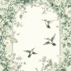 Fototapeta premium delicate botanical arch of white blossoms and green leaves framing three hovering hummingbirds, serene and whimsical mood