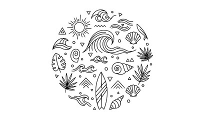 Hand drawn boho beach symbols with ocean waves sun seashell palm and geometric surfing icons vector set © Surjo