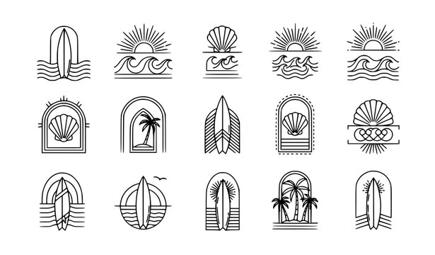 Abstract bohemian surfing logos with sun wave seashell palm geometric modern beach vector design set