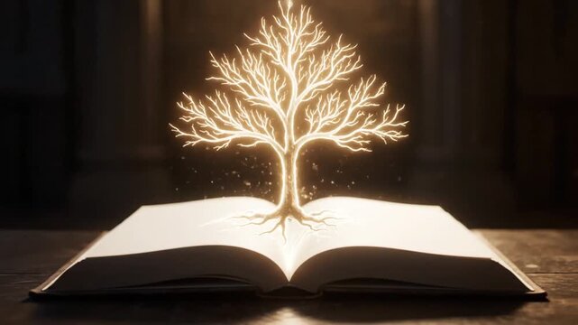 A glowing tree emerges from an open book in a dark room with public domain literature