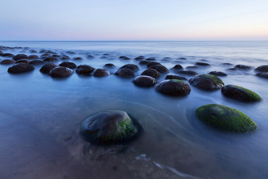 Bowling Ball Beach concretions at twilight, Mendocino County, California