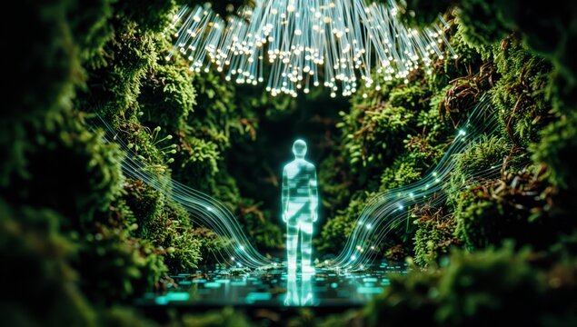Glowing digital human silhouette standing inside lush mossy forest environment with fiber optic light strands and neon data streams