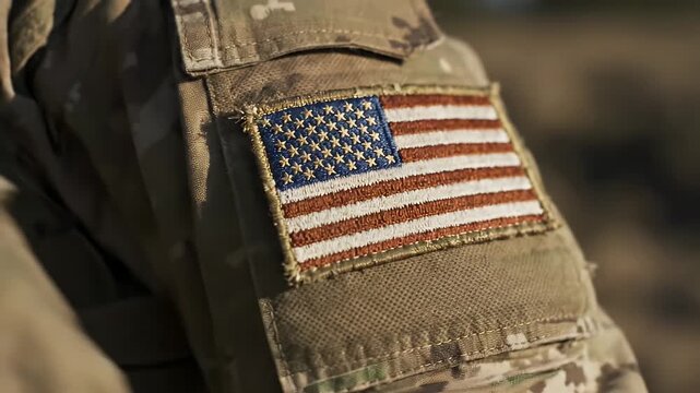 American Flag Patch on Military Uniform - A close-up shot displays the sleeve of a U.S. military uniform featuring a prominent American flag patch.