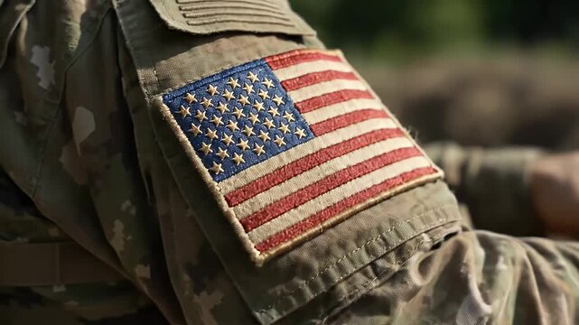 American Flag Patch on Military Uniform - A close-up shot depicts an American flag patch on the sleeve of a U.S. military uniform with a camouflage pattern.