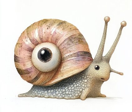 whimsical watercolor snail with pebble-textured gray body, spiral shell containing a large realistic eye, tall eyestalks and a curious gentle expression