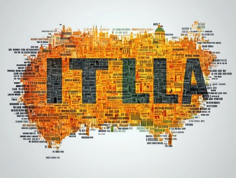 Vibrant typographic map of Italy made from orange and green text and tiny architectural silhouettes with a bold dark ITALIA stamped across the center, energetic and celebratory