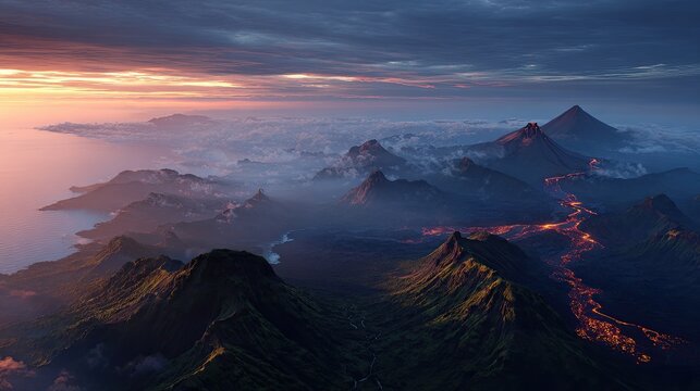 Fires of the Deep Pacific volcanic islands - Isolated shield volcano and Fuming lava river flows