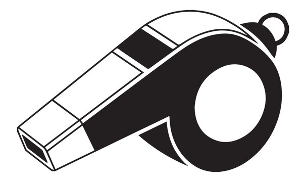 Minimalist sports whistle vector icon, black and white referee whistle illustration, professional coach equipment graphic for gym and athletics