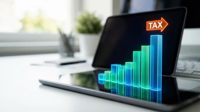 Tax planning finance business growth chart laptop office workspace concept with rising bar graph on desk for accounting and planning