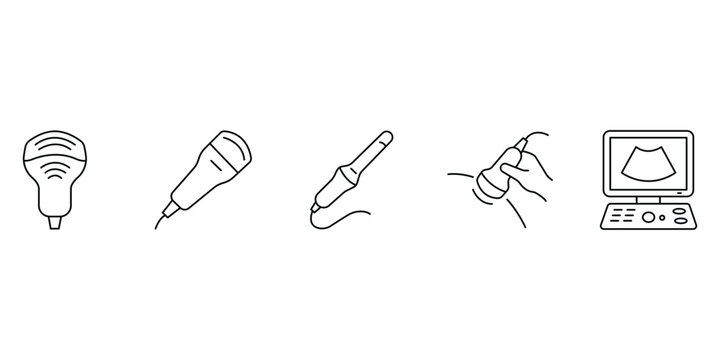 Medical ultrasound and sonography diagnostic equipment collection featuring various transducers probes and monitoring screen icon vector illustration.