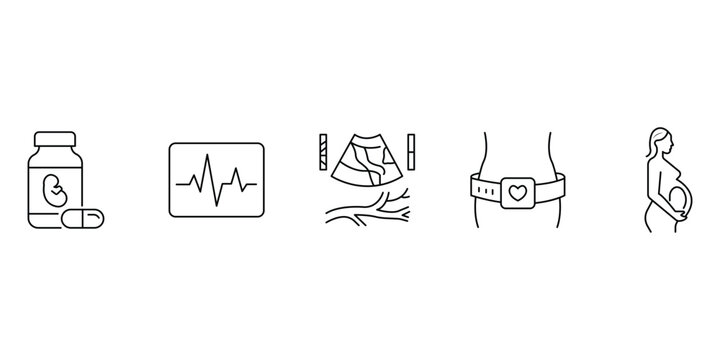 Pregnancy and maternity care collection featuring vitamins heartbeat scan monitor belt and pregnant woman icon vector illustration.