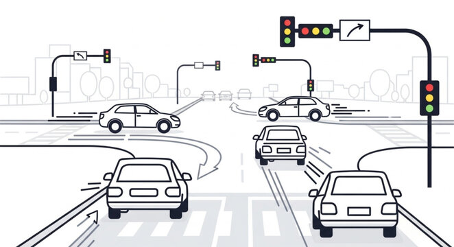 Busy City Intersection with Traffic Lights and Cars.