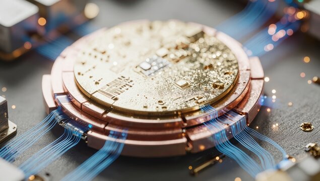 Advanced quantum computing chip with golden circular processor and blue fiber optic connections representing next generation high speed data encryption and parallel processing power in digital systems