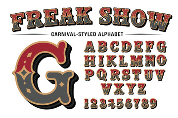 Circus carnival font illustration set, vintage freak show alphabet with ornate Americana lettering inspired by antique sign painter styles. © FASTSEO