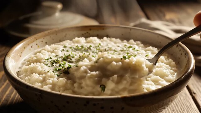 Creamy Cauliflower Rice in Rustic Bowl - A rustic bowl filled with creamy cauliflower rice, garnished with fresh herbs.