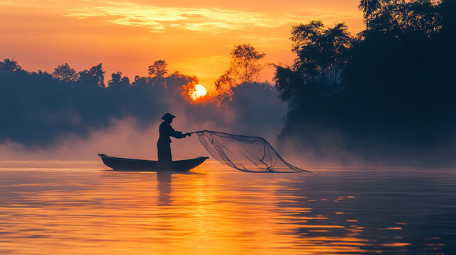 A tranquil scene of a fisherman casting a net from a small boat at sunrise, surrounded by misty water and lush trees.