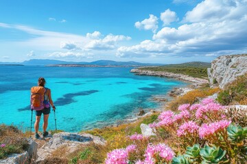 Fototapeta premium Hiker with orange backpack and poles stands on rocky cliff overlooking turquoise sea, pink wildflowers and distant headland under bright blue sky, evoking awe and tranquility
