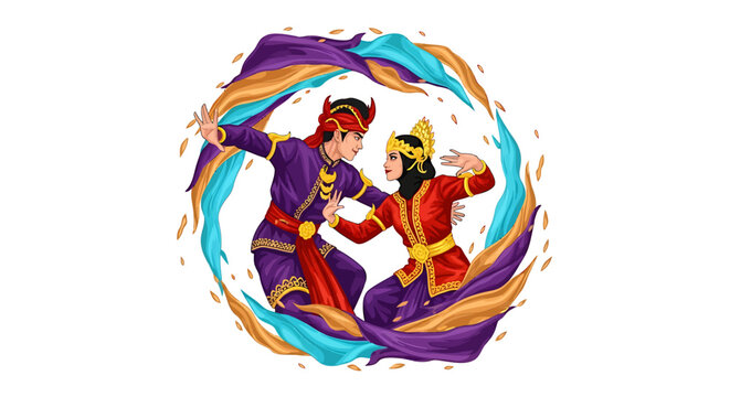 Two dancers in colorful traditional costumes.